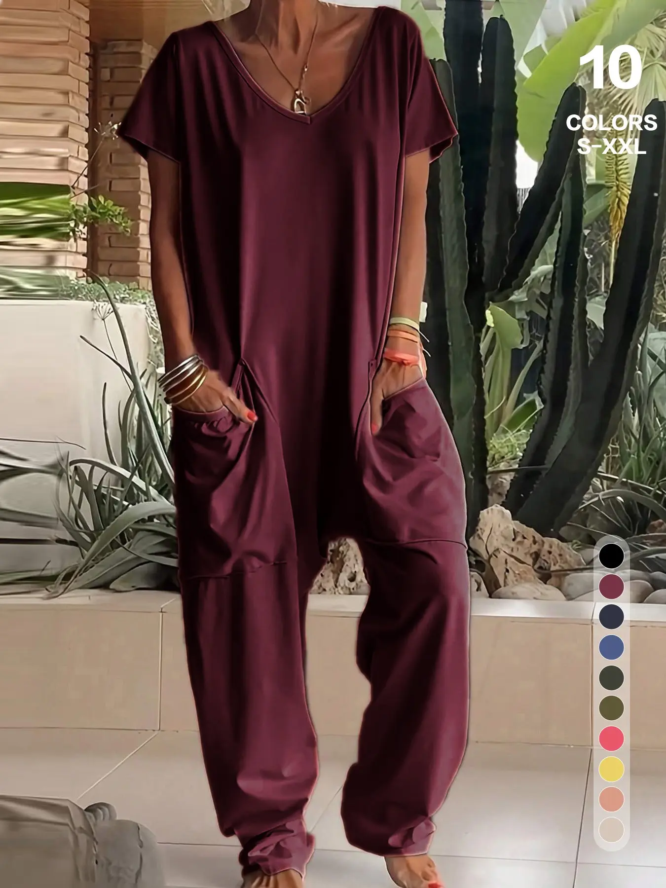 Loose-Fit Baggy Women Jumpsuit with Pockets, Solid Color Travel Jumpsuit, Casual All-Season Wear, Multiple Colors and Sizes Available, Outfit
