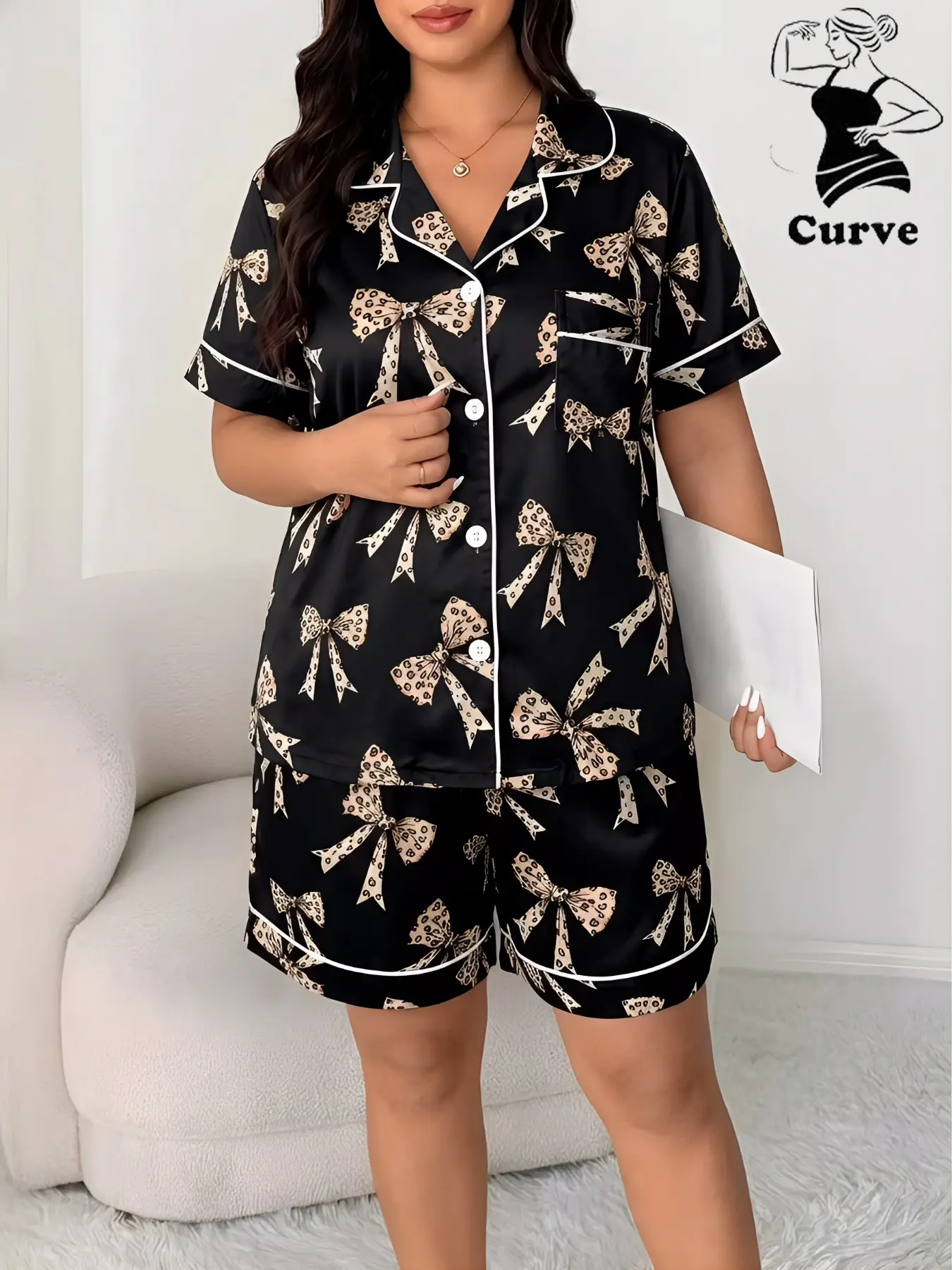 Two-Piece Plus Size Leopard Print Pajamas Pjs for Women, Button Front Short Sleeve Top & Loose Shorts, Sweet Cool Sexy Home Sleepwear All Season Loungewear Set Fit