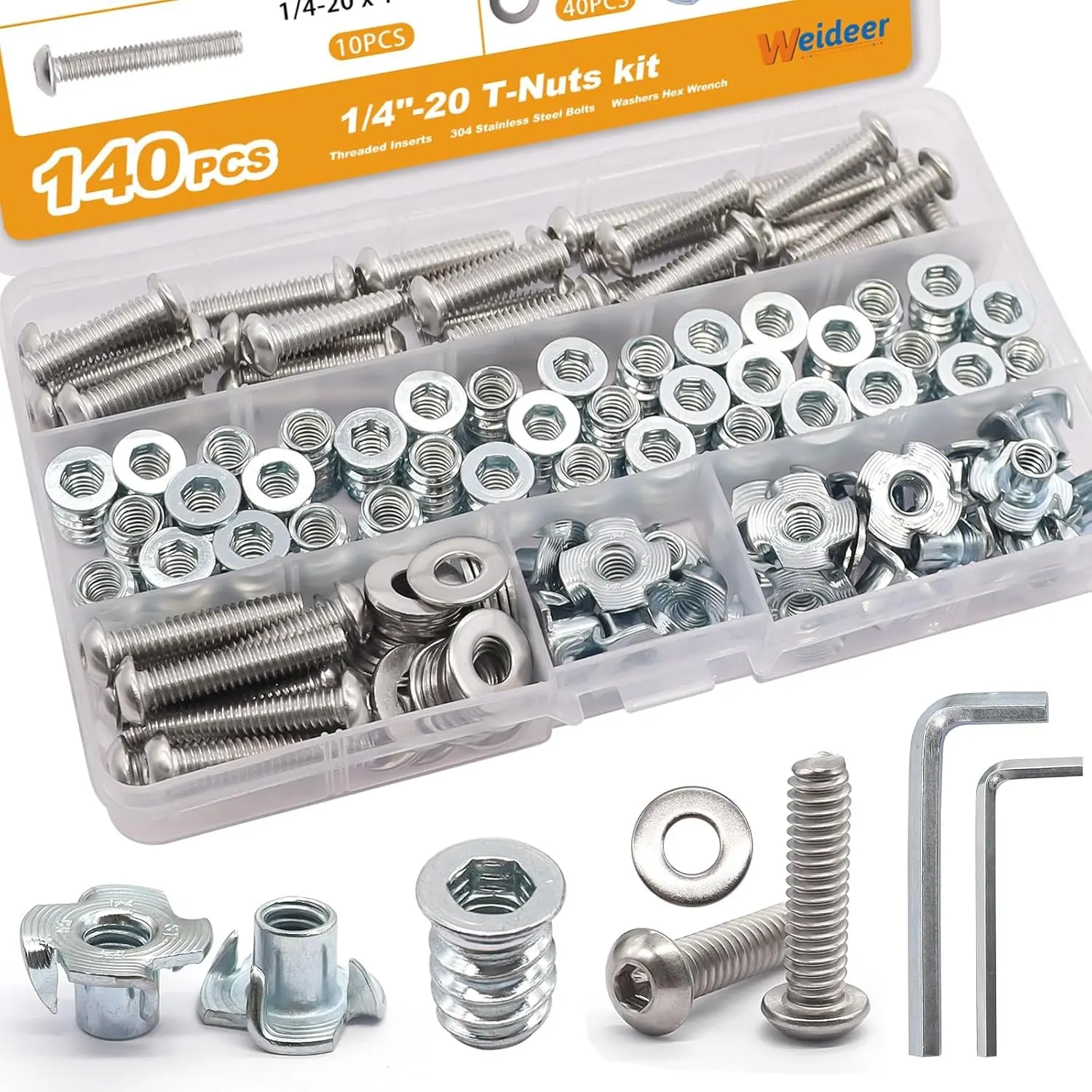 140PCS 1/4"-20 Stainless Steel Hardware Kit for DIY Projects - T-Nuts, Threaded Wood Inserts, Button Head Hex Socket Bolts, Washers & Hex Wrench