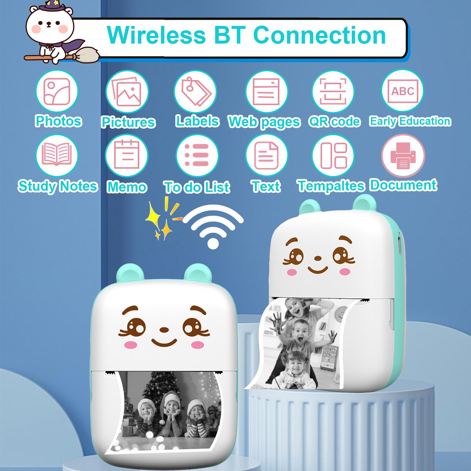Kids Bluetooth-compatible Printer Gift Set, Portable Mini Wireless No Ink Printer with 5 Paper Rolls & Color Pens, Perfect Birthday Xmas Gift