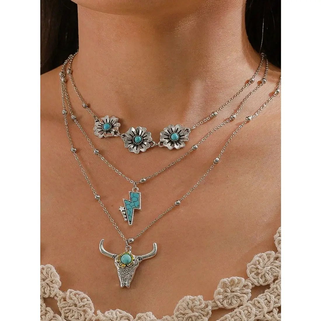 Women's 3-Pcs Turquoise Western Cowboy Vintage Charm Necklace Set, Boho Style Multi-Element Pendant Jewelry, Cowboy & Western Fashion Accessory Sets, Gift for Women, Party Accessories, Cowboy Fashion Accessory Sets
