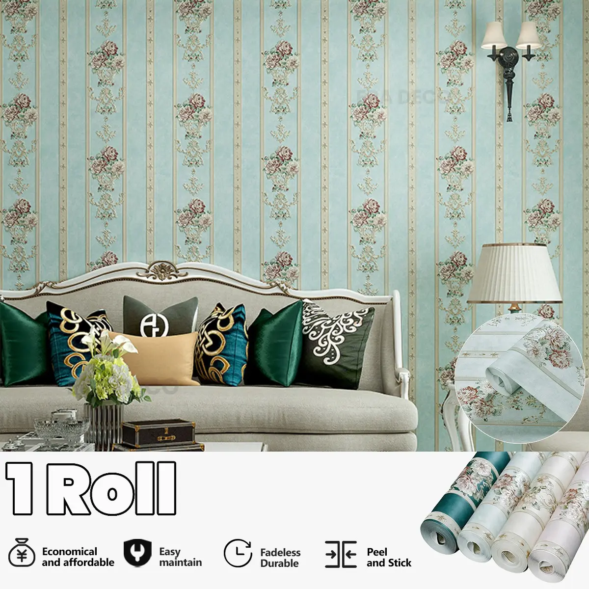 53cm Wide Peel and Stick Wallpaper, Vintage 3D Floral Fabric, Moisture-Proof, Self Adhesive, for Bedroom Living Room Decor