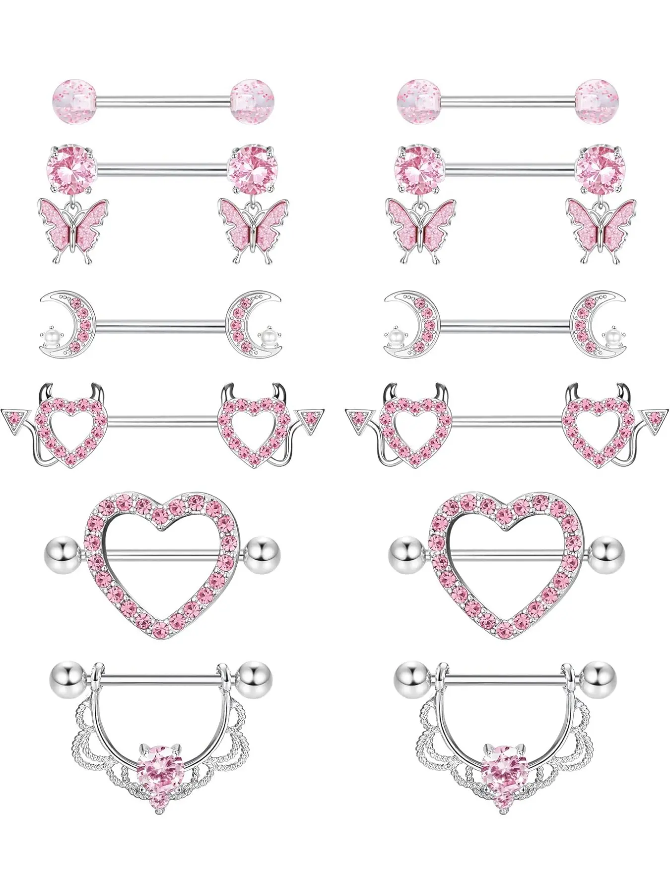 6 Pairs Nipple Bars for Women 316L Steel Piercing Jewelry Nipple Piercing Jewellery Barbell Piercings Tongue Bars Rings Heart Body Piercing Jewellery