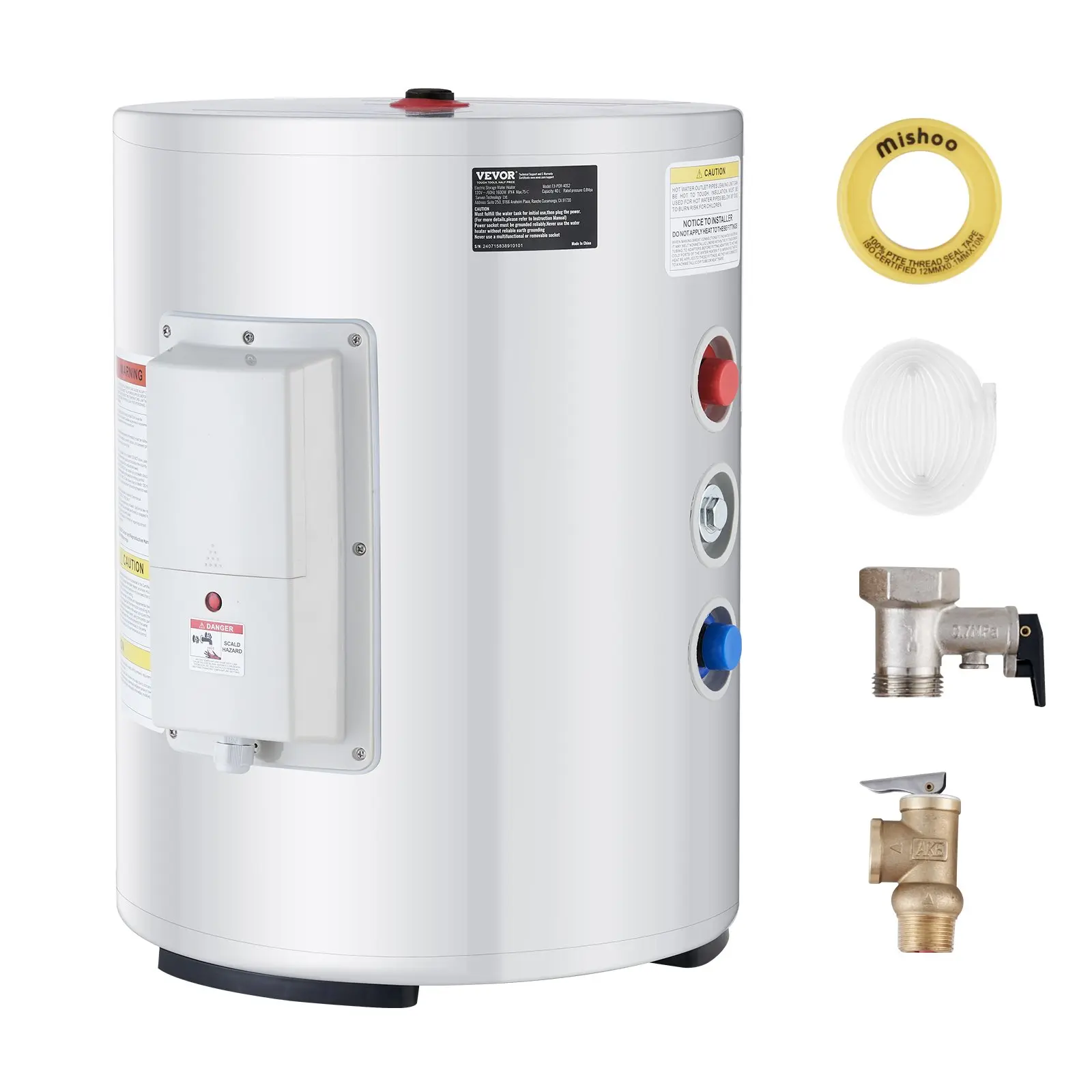 VEVOR Electric Water Heater, 10 Gallon Tank Instant Hot Water Heater, 1.6Kw Tankless Water Heater w/ LED Display, Knob Control, IPX4 Waterproof Side Connection On Demand Heaters for Shower, Bath