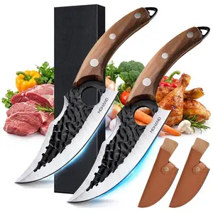 2Pcs Chef Knife Set, Kitchen Knife, Hand Forged Viking Knife for Meat Cutting, Forged Japanese Style Knife for Cooking - High Carbon and Full Tang - Boning & Slicing With Ergonomic Wooden Handle, Best Gift#DealsForYouDays