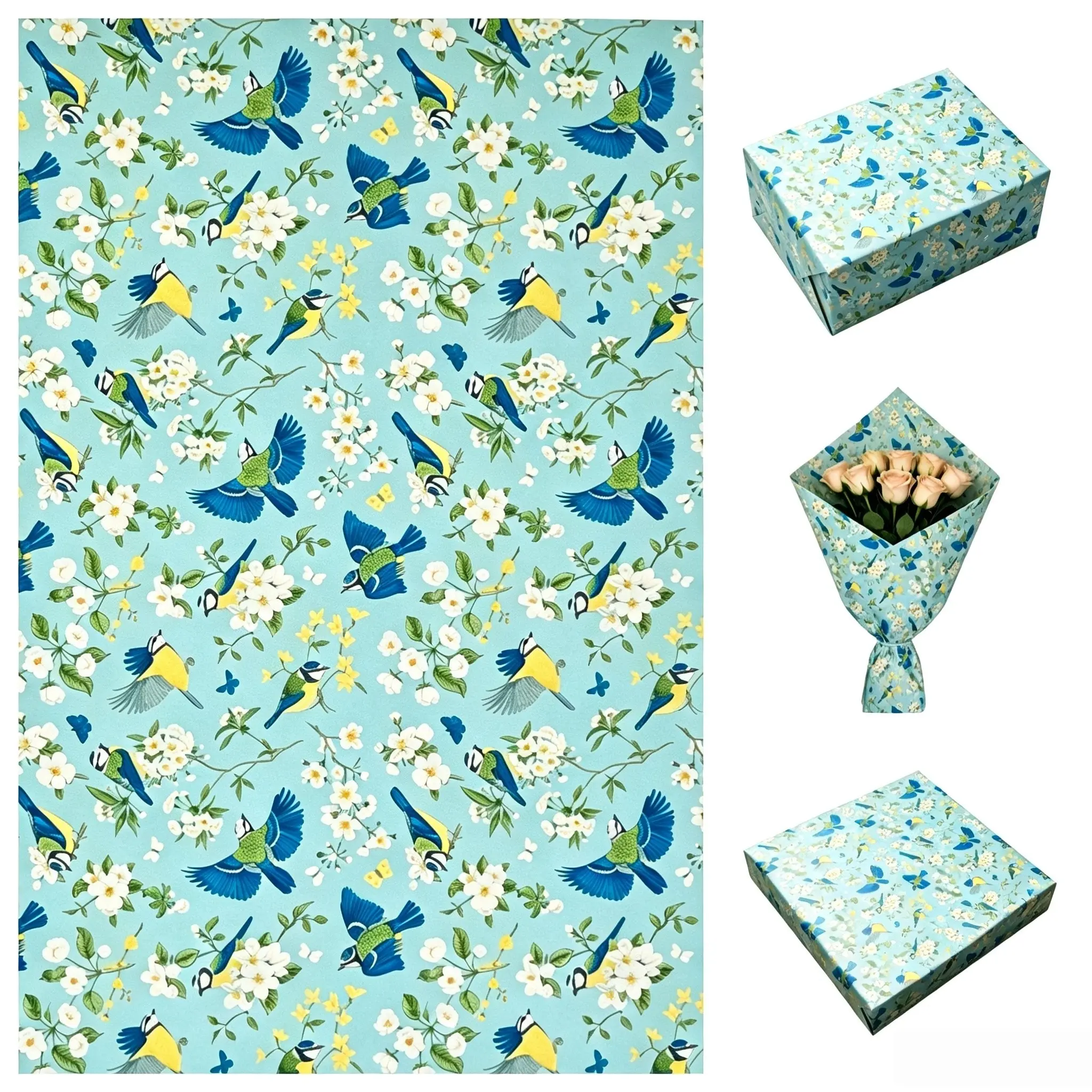 Blue Background Hummingbird Floral Gift Wrapping Paper, 50x35 Cm, 15 Sheets/60 Sheets, Bird Flower Decorative Gift Wrap