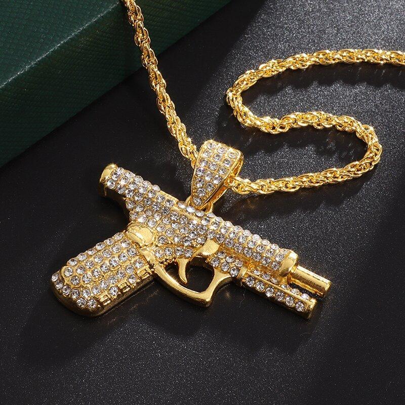 Bling Iced-Out Pistol Pendant Necklace for Men, Hip Hop Street Style Jewelry, Rhinestone Inlay Statement Accessory