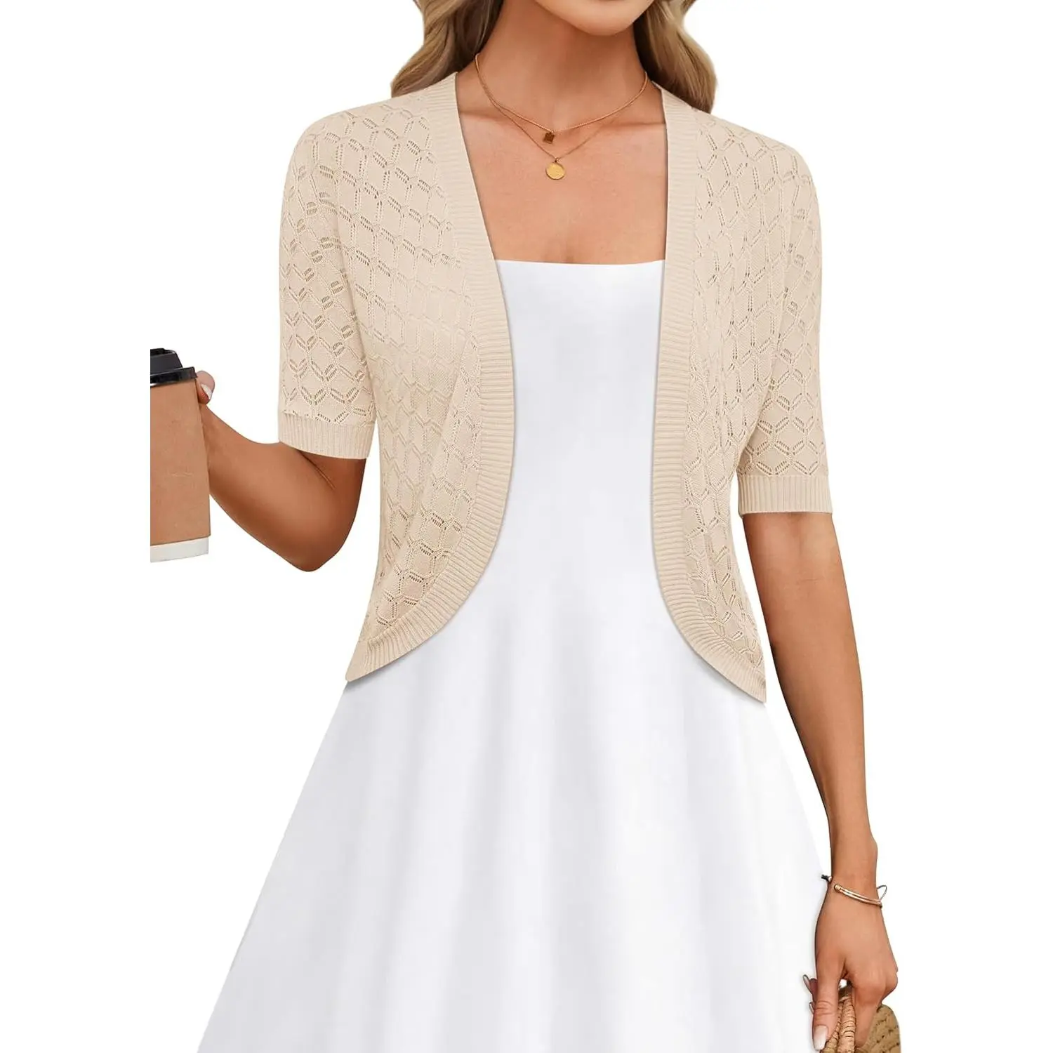 Women's Open-Front Cropped Bolero Shrug, Short-Sleeve Lightweight Knitwear Top for Casual Wear