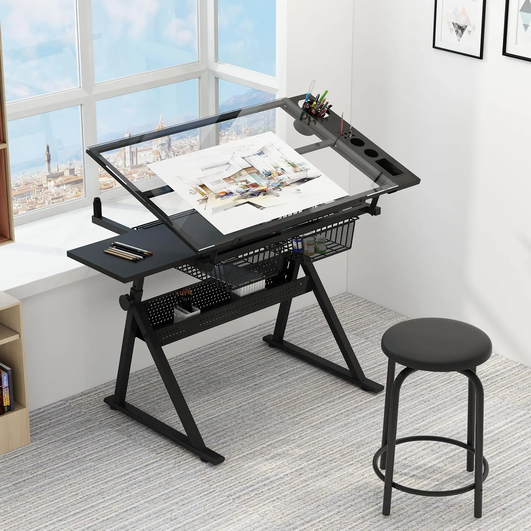 Tiltable Glass Drawing Desk, Adjustable Height Workstation with Stool & 2 Storage Drawers for Art & Study