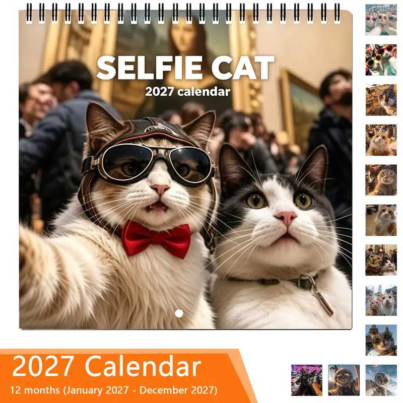 2027 Calendar Planner - Cute Cat Selfie Design, 12-month layout (January to December), suitable for home and office use, a cute and interesting aesthetic style calendar