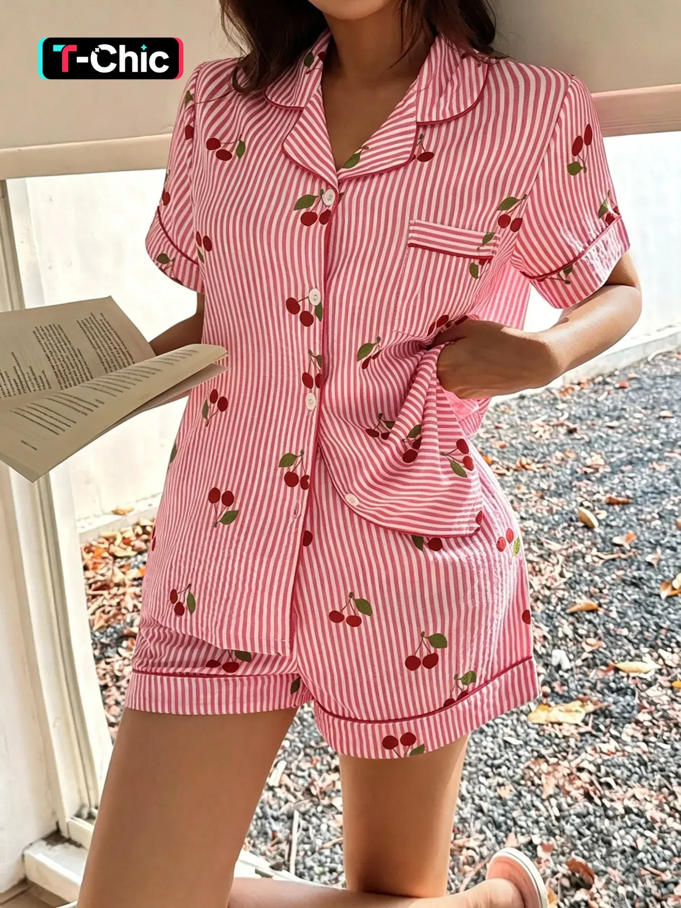Striped Cherry Print Women's Pajama Set, Sweet Collar Short Sleeve Top with Pockets, Bow Shorts, Casual Home Wear