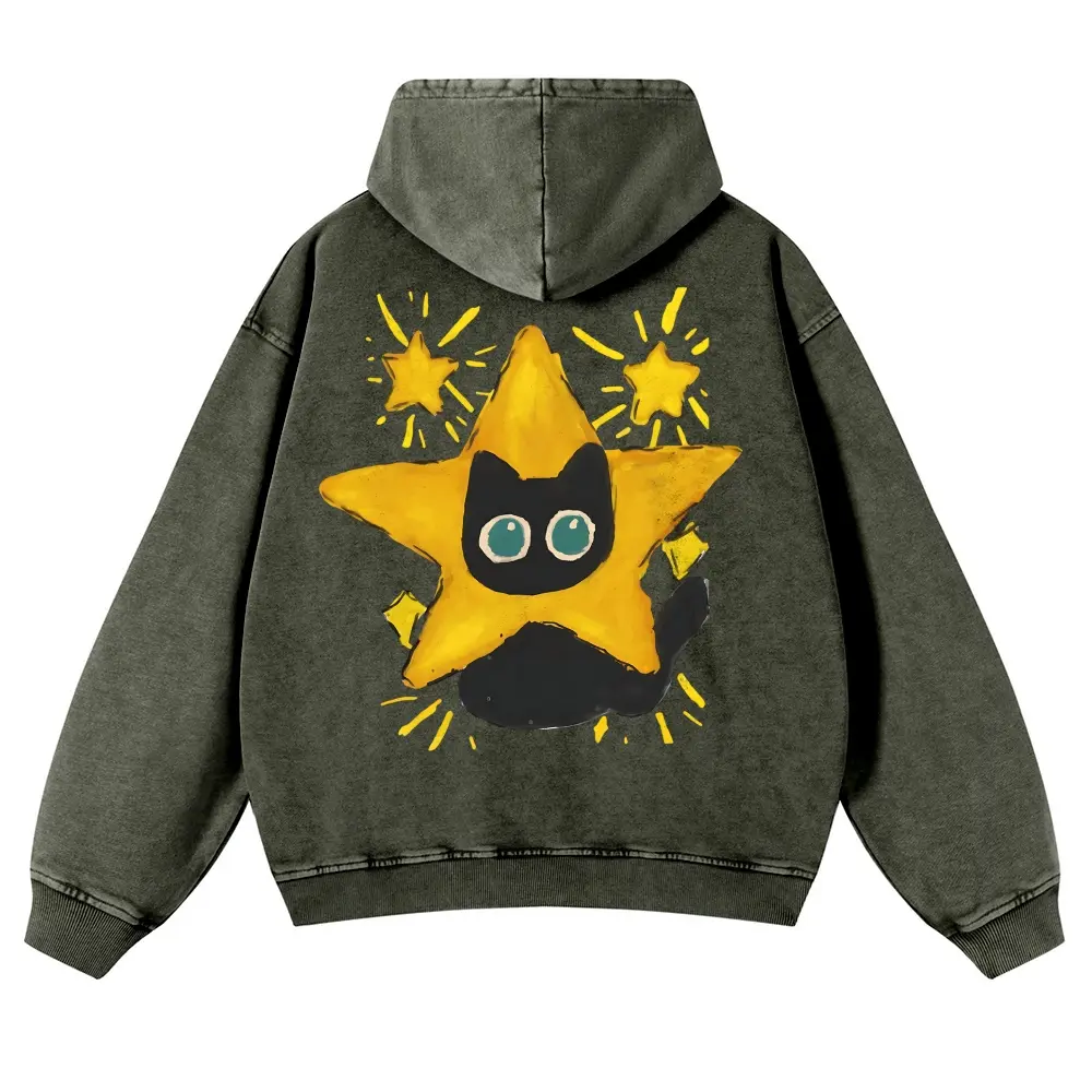 Vintage Gray Washed Black Cat Hoodie | Unisex Cute Star Cat Graphic Oversized Sweatshirt Grunge Indie Aesthetic Heavyweight Pullover Hoody