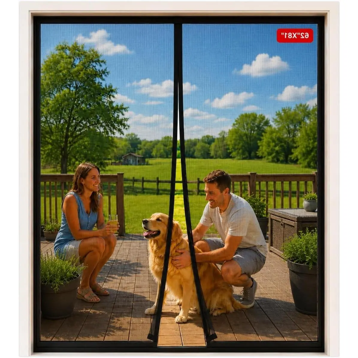 Magnetic Closure Screen Door 62"x81" for French & Sliding Doors, Pet Friendly Double Door Fiberglass Mesh Retractable Curtain, Durable Fly Screen Keeps Bugs and Mosquitoes OutGift