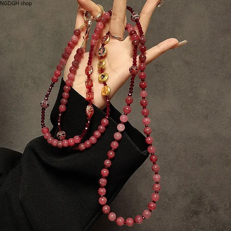 Phone Lanyard - Adjustable Beaded Phone Strap Red Pink Crystal Gold Charms Crossbody Neck Wrist Holder Elegant Universal Phone Accessory Daily Carry