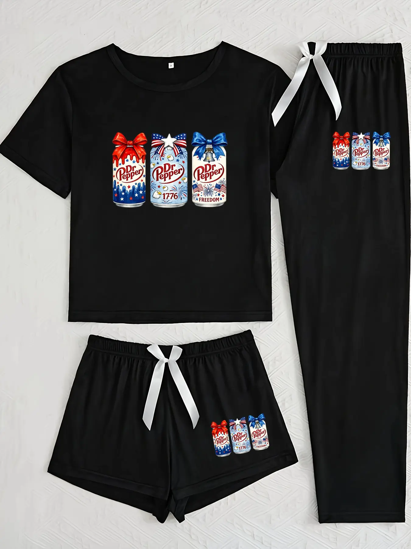 Three-Piece Women's Home Set, Casual Loose-Fitting Round Neck Cartoon Pattern, All-Season Unlined Plain Surface, Comfortable Daily Wear