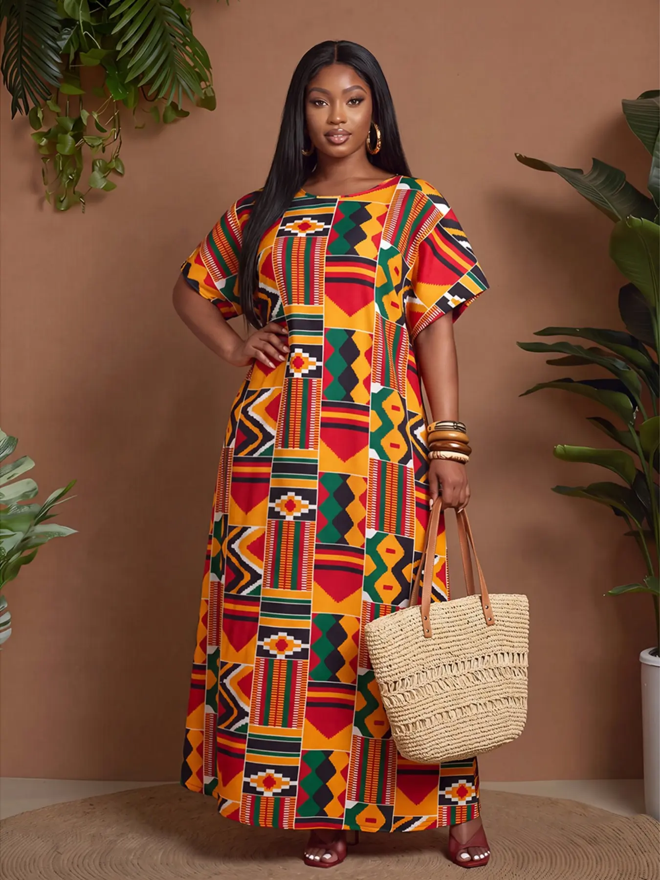 Plus Size Women's Ethnic Bohemian Print Long Dress, Drop Shoulder Short Sleeve Cover-Up Dress for Women, Casual Wear for Travel, Home & Beach