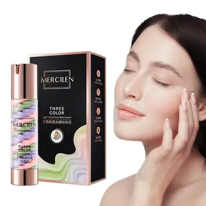 Mercilen Three-Color Lightweight Foundation Primer 60g, Color Correcting Makeup Base, Concealer Moisturizer, Even Skin Tone, Natural Look, Plant Squalane, All Skin Types
