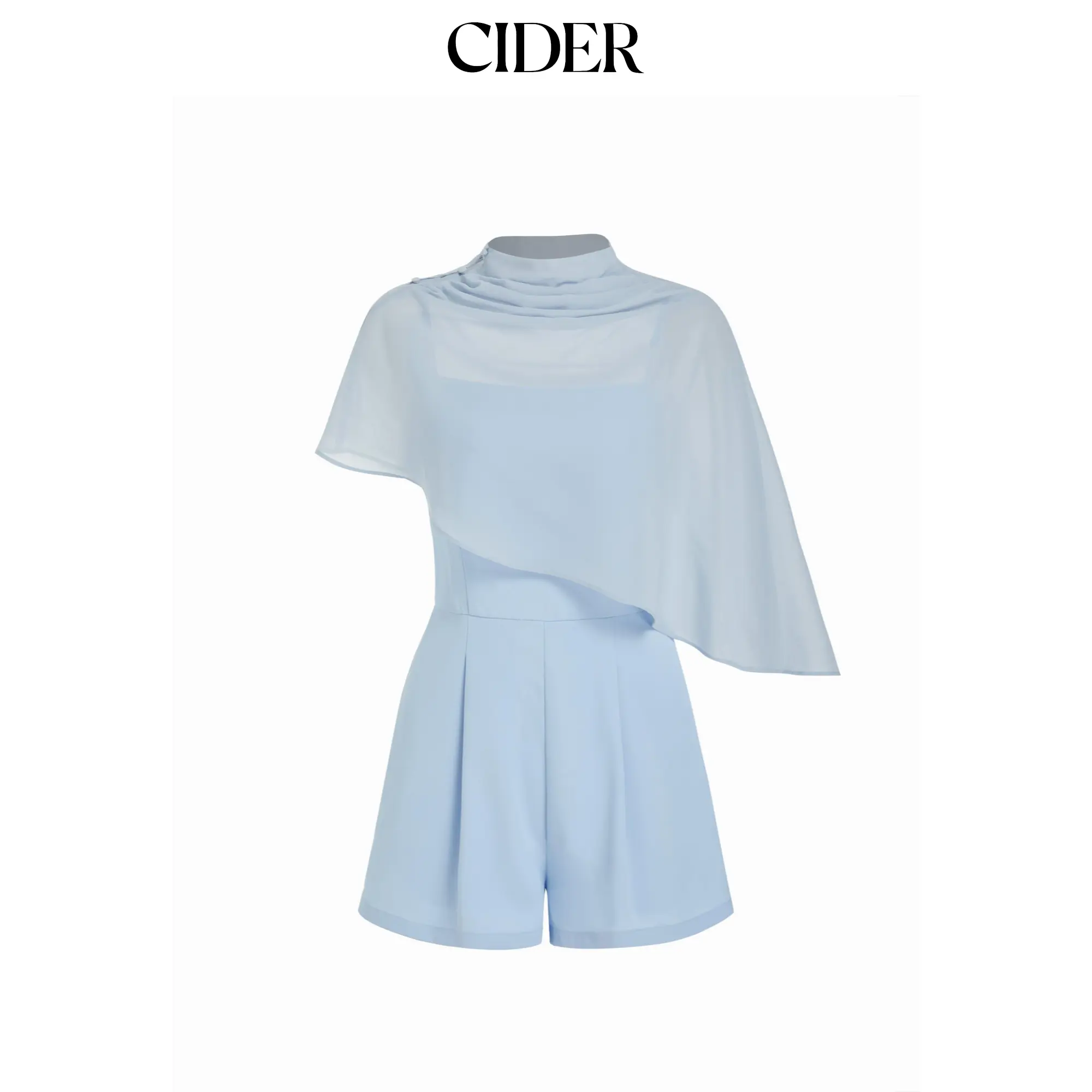 Cider High Neck Asymmetrical Cloak Sleeve Poncho Top & Mid Rise Romper Set