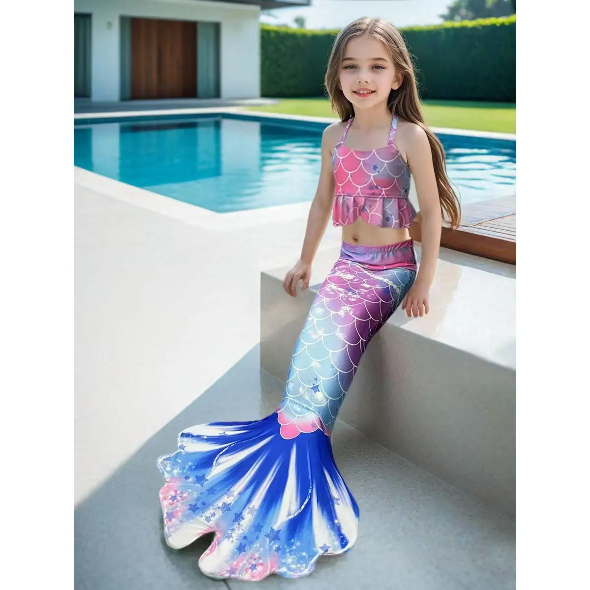 Girls Mermaid Swimsuit Mermaid Tail Beach Party Birthday Gift, Bikini Set Includes 1 Tail, 1 Top, 1 Shorts, Flippers Not Included.