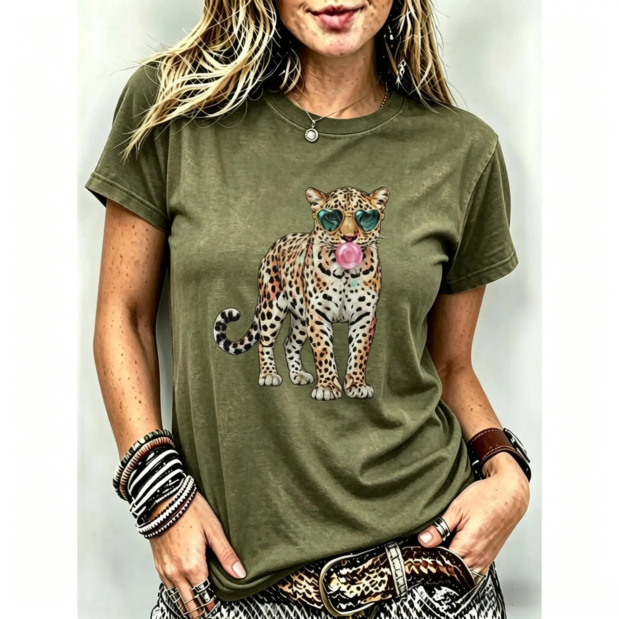 Comfort Colors Fitted Round Neck Short-Sleeve Casual Animal Print Sports Top with Leopard & Bubblegum Sunglasses Design, Shortsleeve