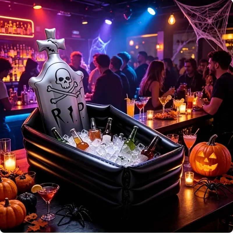 Halloween Inflatable Patchwork Black Coffin Tombstone Ice Bucket, Large-Capacity Festive Party Decor for Indoor-Outdoor Spooky Gatherings, Home Supplies for Barbecues