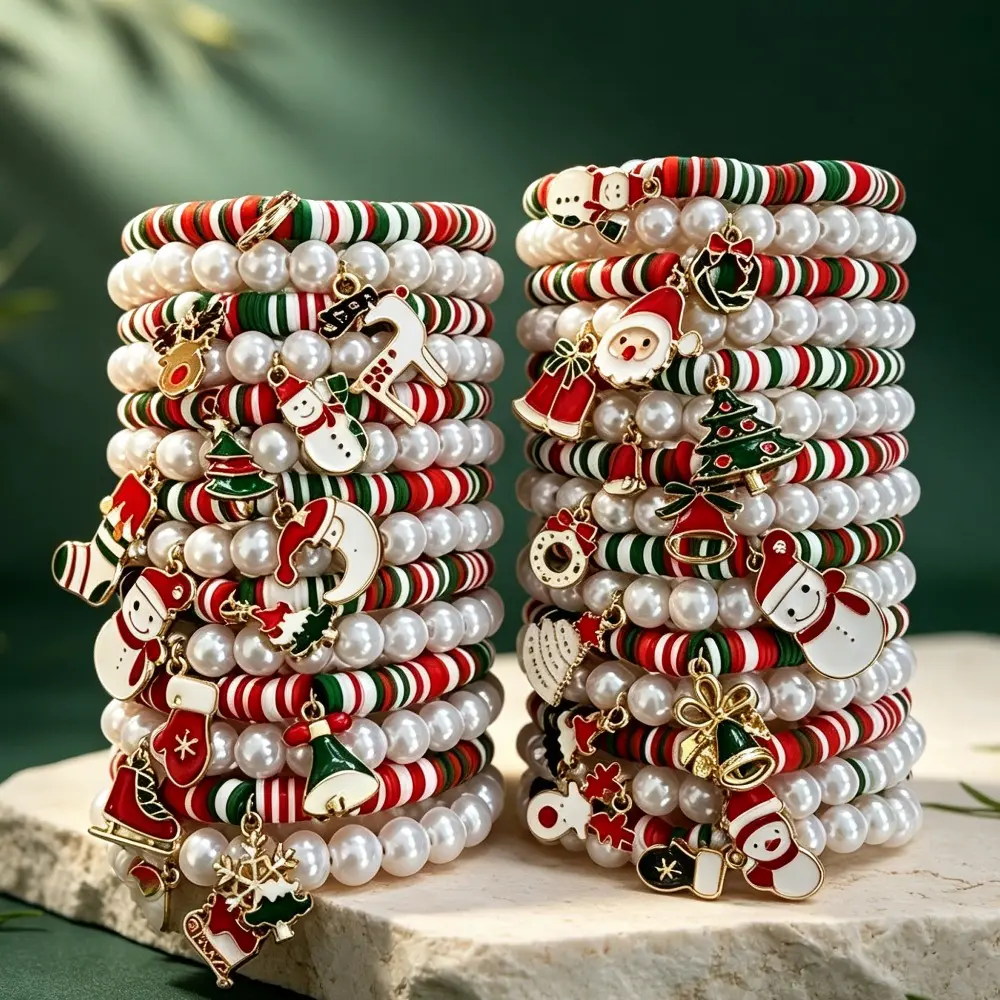 18Pcs Gift for Her/Him Christmas Themed White & Polymer Clay Beaded Bracelets Set- Elegant Style Handmade Elastic Friendship Bracelets with Santa, Snowman, Tree Charms Pendants, Ideal Gifts for Holiday Party, Daily Wear