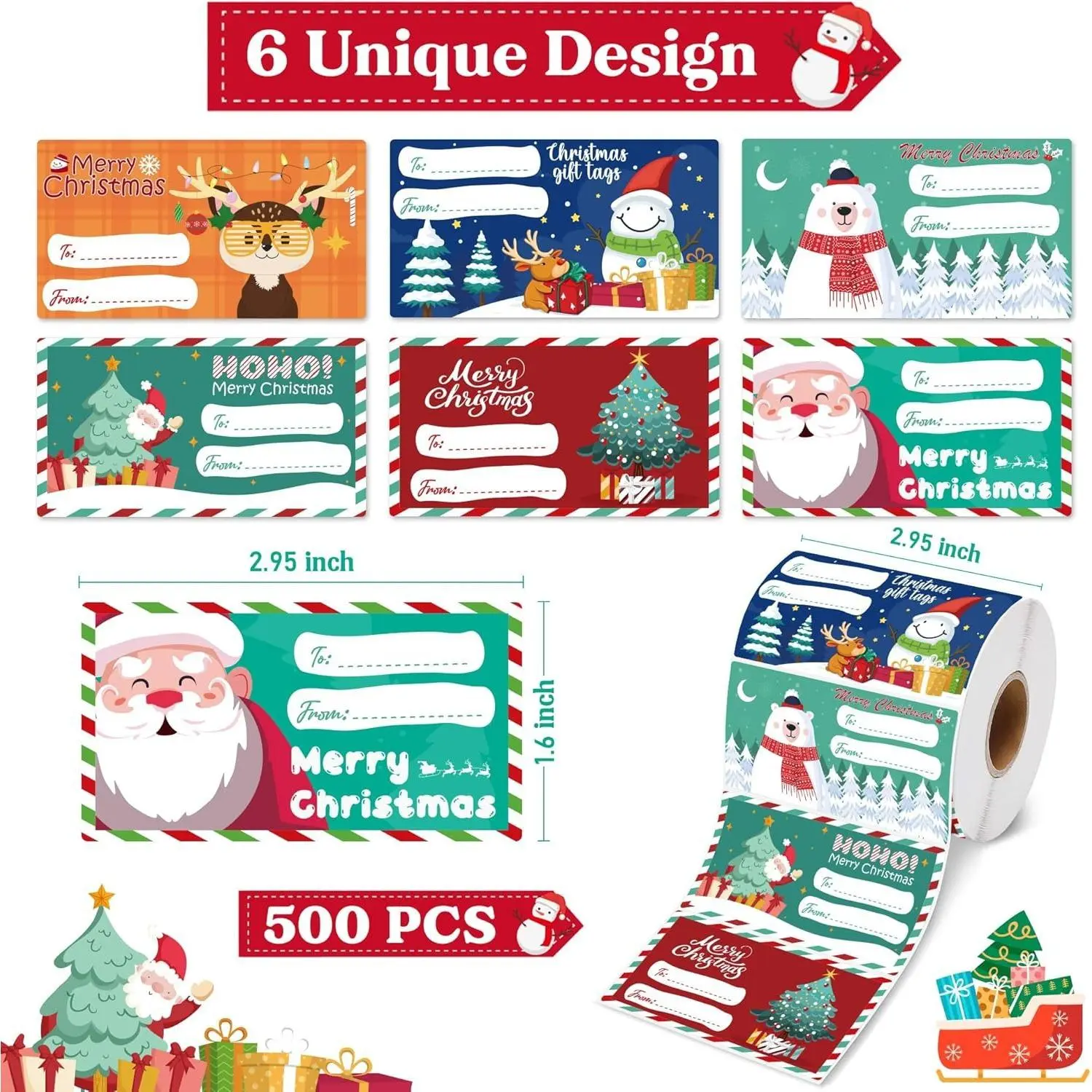 500Pcs Christmas Gift Tag Stickers Roll, 6 Unique Designs Self‑Adhesive Xmas Present Name Labels, Waterproof Holiday Decor Stickers for Gift Wrapping, Party Supplies