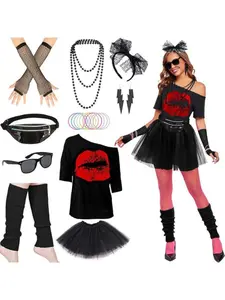 1980s Retro Drop Shoulder T Shirt Tutu Skirt Accessory Set Party Dance Performance Outfit