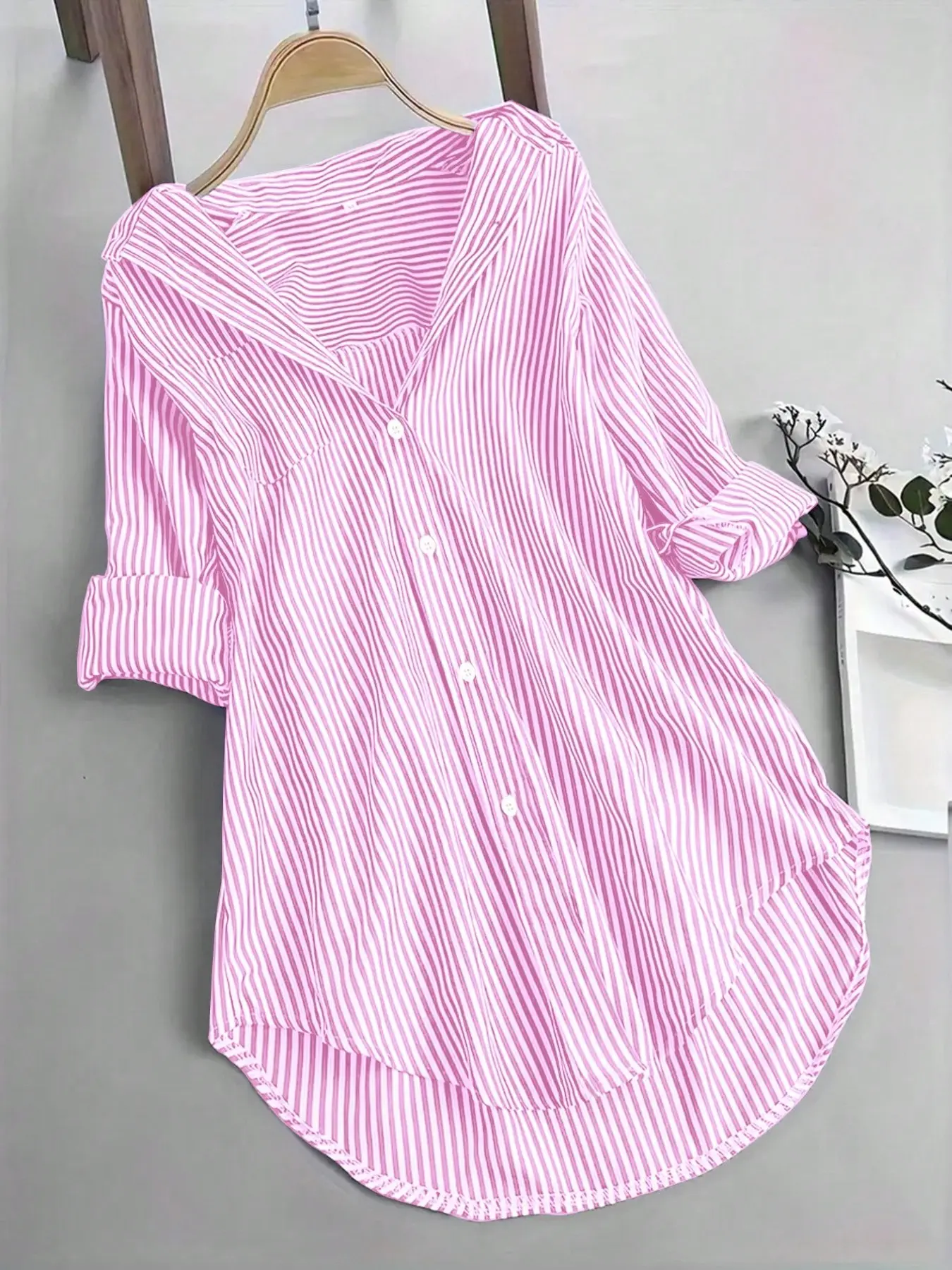 Spring & Summer Women's Striped Long Sleeve Shirt, Casual Versatile Commute Medium-Length Blouse with Buttons, Fashionable Daily Wear Top