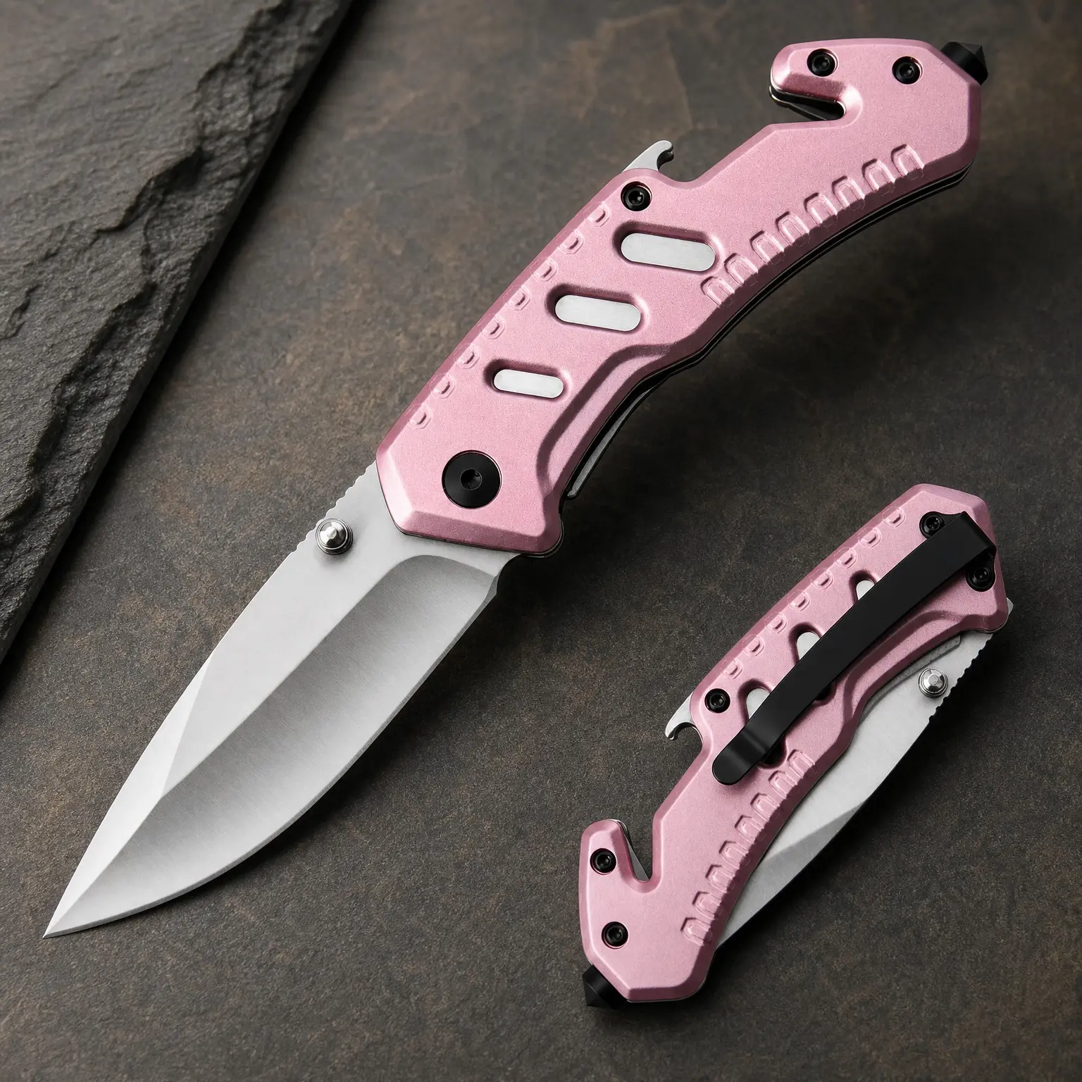 Pink EDC Multifunction Folding Pocket Knife with Glass Breaker, Bottle Opener, Seatbelt Cutter, Satin Blade – Outdoor Survival Tool Gift for Women