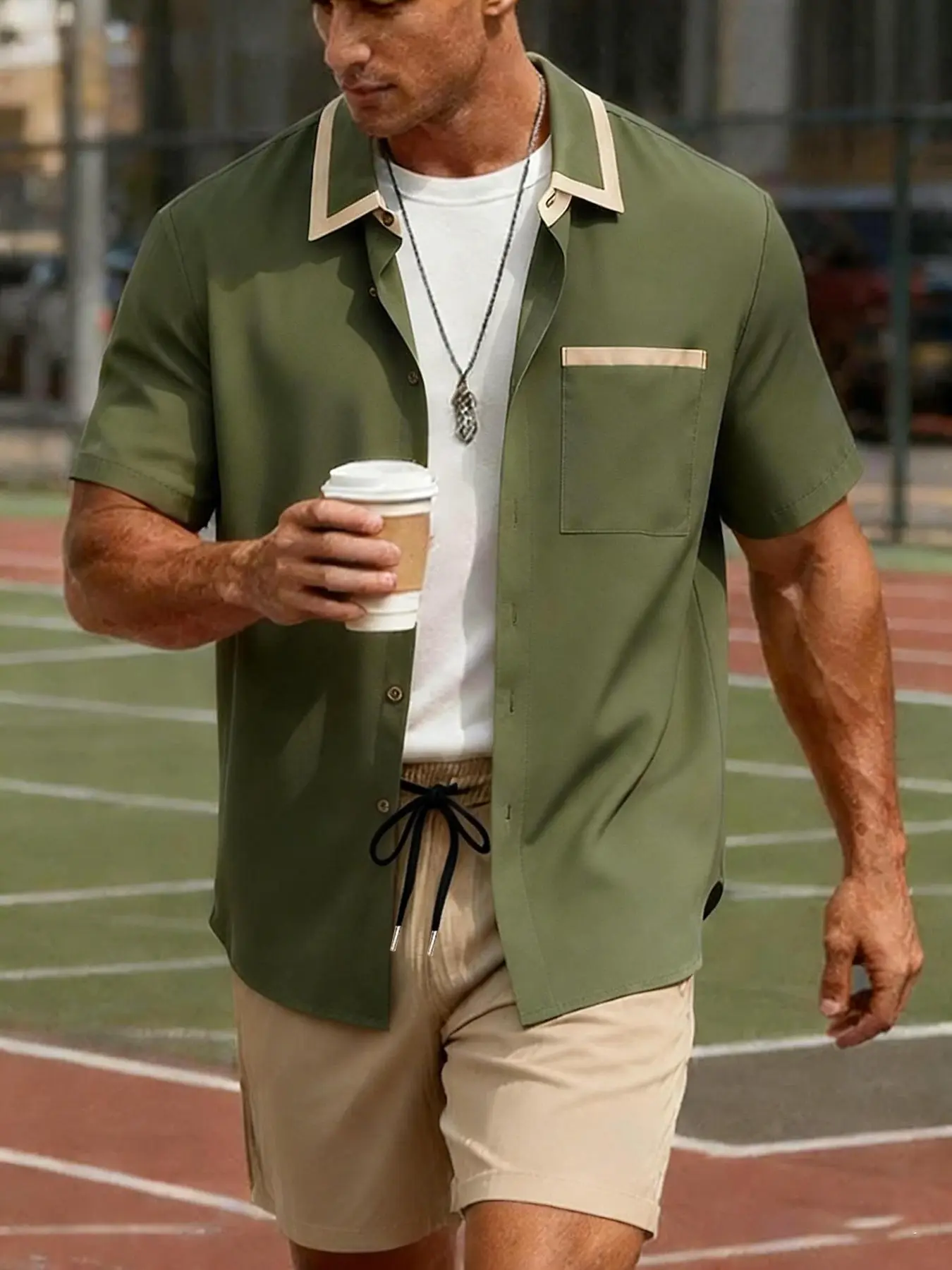 Men's 2 Piece Outfit Contrast Collar Trim Short Sleeve Button Down Shirt & Shorts Set with Chest Pocket Summer Retro Vintage Casual Army Green Khaki Elastic Waist Drawstring Loose Fit Daily Streetwear