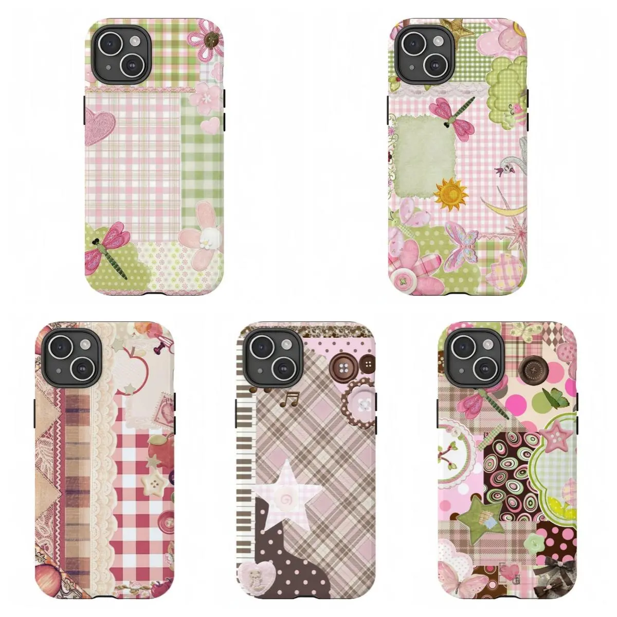 Cute Cottagecore Patchwork Phone Case|Pink Green Gingham Floral Protective Cover ,For iPhone 11 12 13 14 15 16 17 Pro Max For Samsung S26 S25 S24 S23 S22-Gift For Her/Him