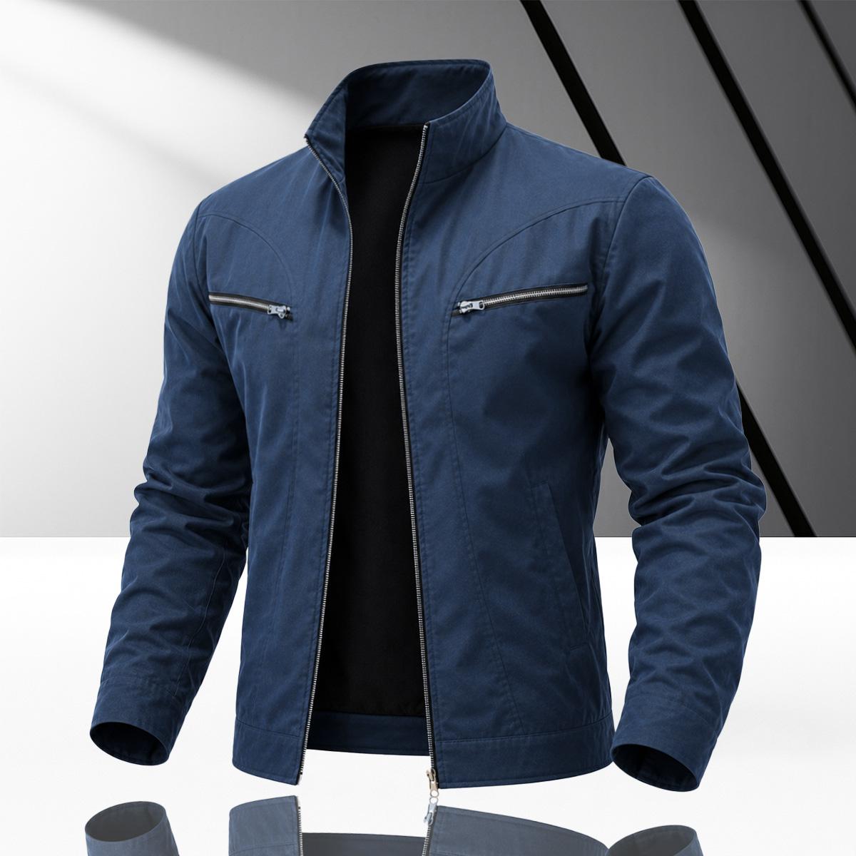 Men’s vintage-style brown work jacket made from durable woven fabric with neat stitching, featuring a classic stand collar and a clean silhouette that enhances a refined look-ideal for dates, office casual wear, and urban strolls.