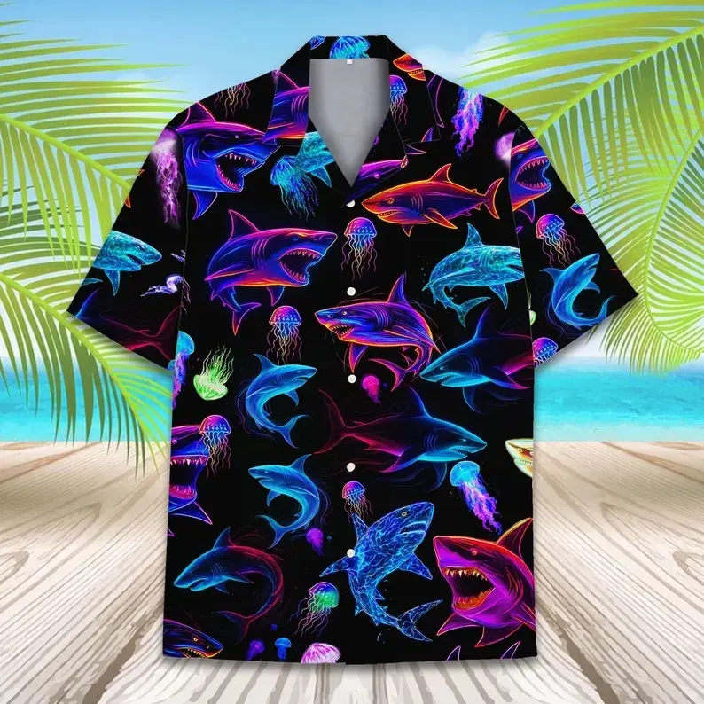 Neon Shark Hawaiian Shirt For Men Women Youth, Shark Aloha Shirt Short Sleeve Button Down, Cyberpunk Jellyfish Nautical Shirt#TikTokMadeMeBuyIt#CoupleMatching#HalloweenOutfit#HalloweenGift#Christmasgift