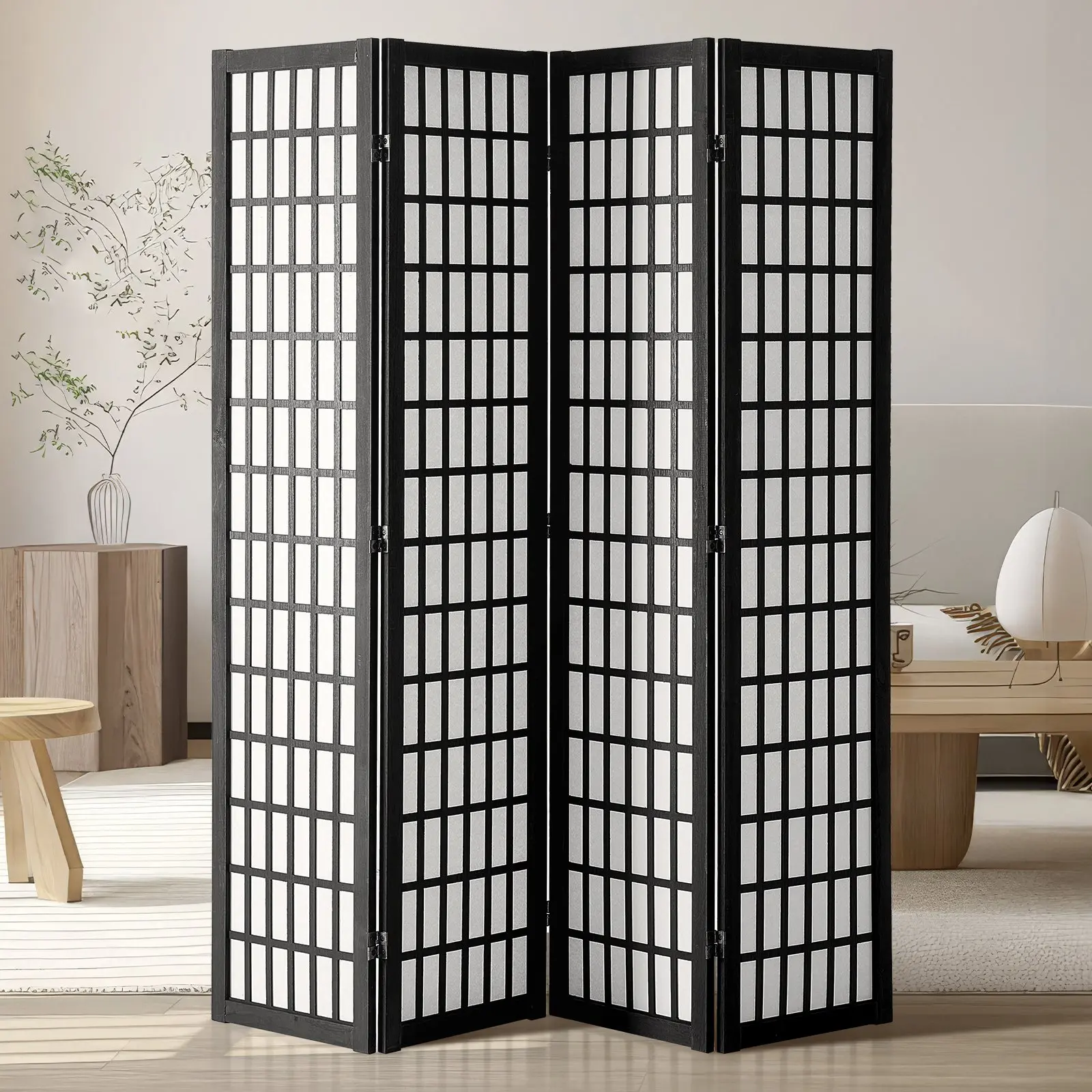 【Black Friday】VEVOR 4-Panel Wood Folding Privacy Screen, Japanese Room Divider for Room Separation, Portable Indoor Home Office Decor, Folding Screen
