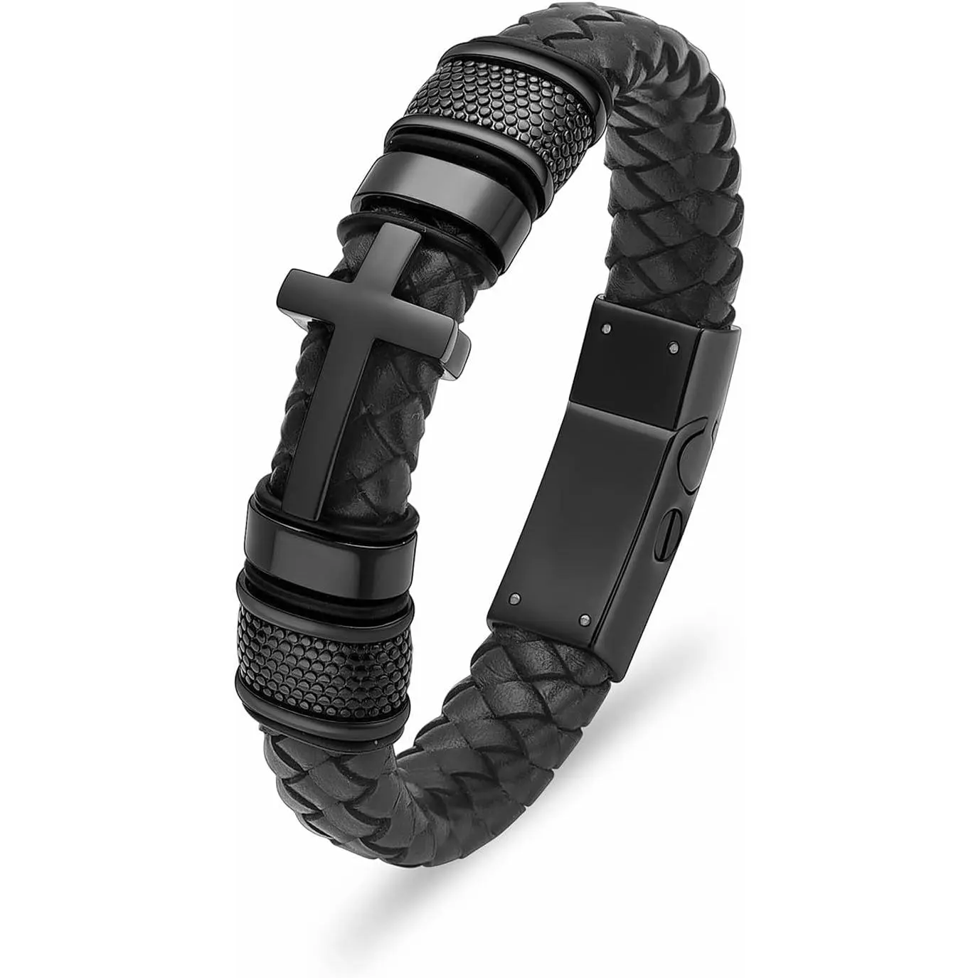 Men's Double-Band Black Braided Leather Round Bangle Bracelet - Stainless Steel Memorial Urn Wristband for Ashes, Multi-Size Unisex Wear Memorial Gift