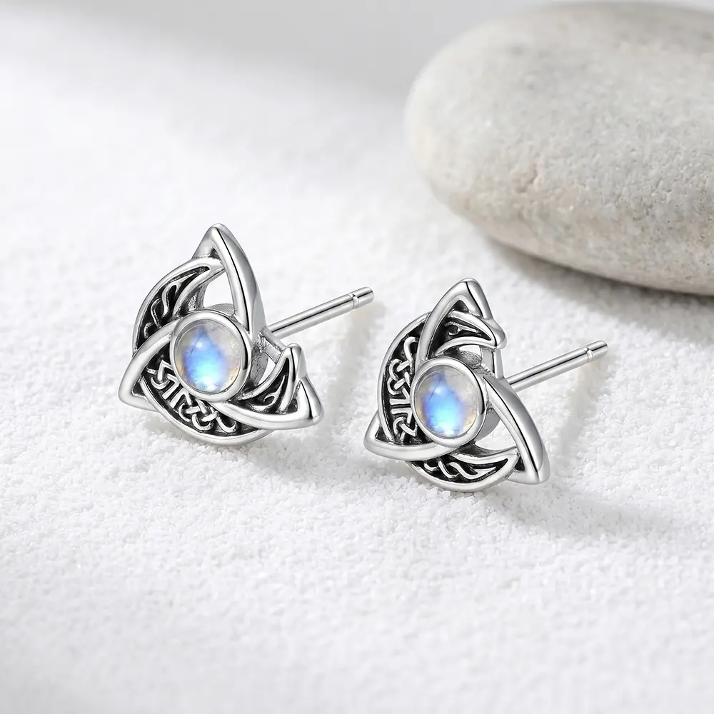 Women's Gold-Plated Copper Base Celtic Knot Stud Earrings - Vintage Moon Theme Earrings for Female Wear, Moon Center Costume Jewelry