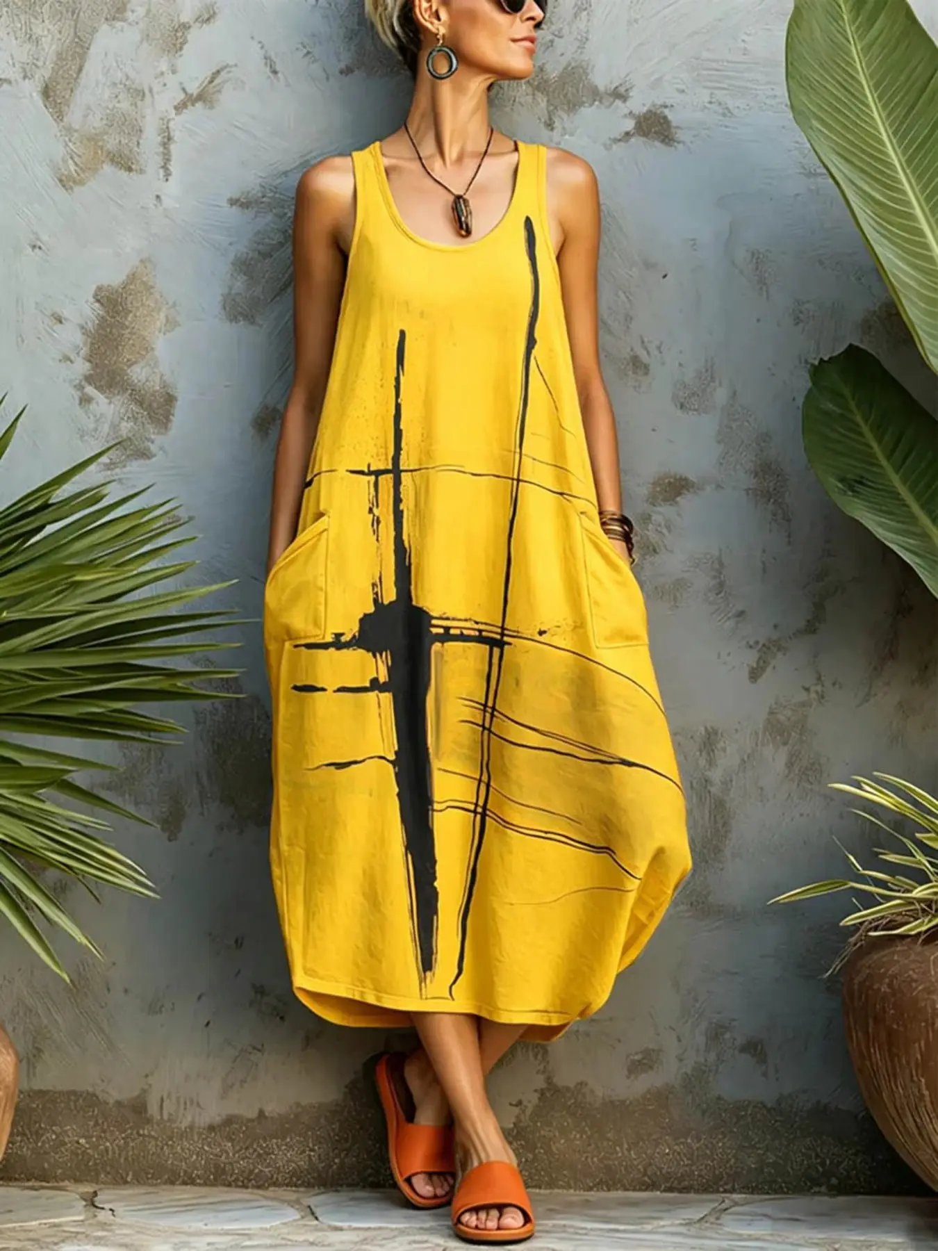 New Summer Loose Fit Sleeveless Pocket Casual Everyday Print Dress, European, American and Bohemian Style, Comfortable and Stylish, Perfect for Daily Wear