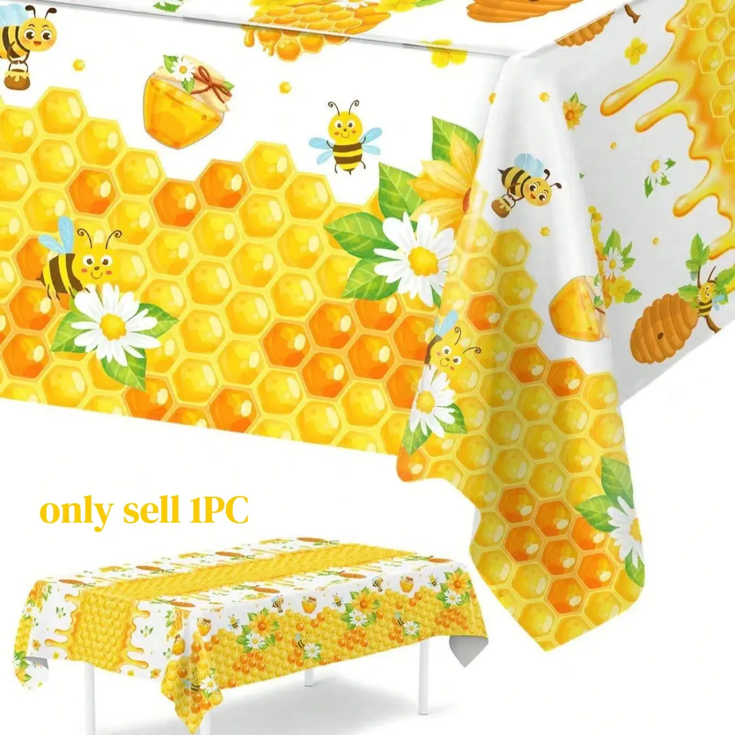 1Pc yellow Bee Disposable Water Proof Tablecloth, Table Covers, Suitable For Spring Party, Birthday Party Decoration, Yellow Bee Spring Theme Design Party Table Decor, Gender Reveal Decorative Tablecloth, Party Supplies, Versatile Use