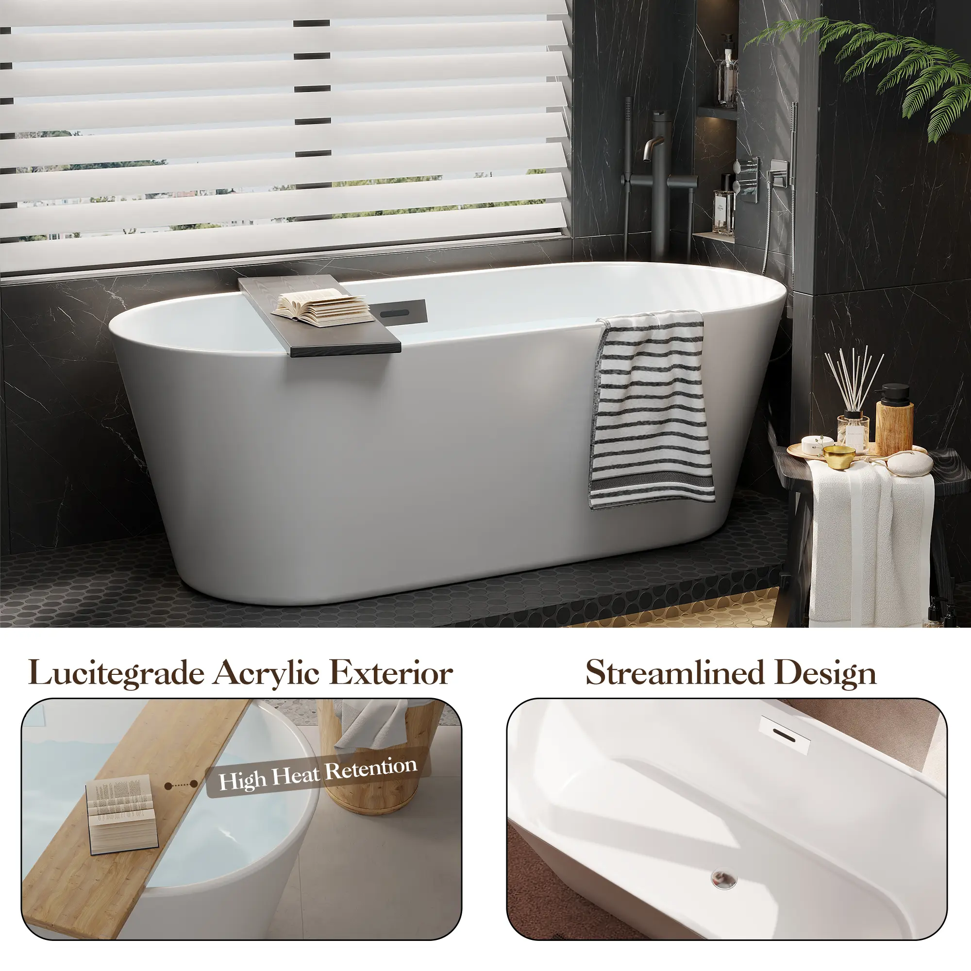 59"/67" Acrylic Freestanding Bathtub - Extra Deep Soaking Tub for Adults, Stand Alone Tub with Integrated Overflow Drain, CUPC Certified Modern Bathroom Tub, White