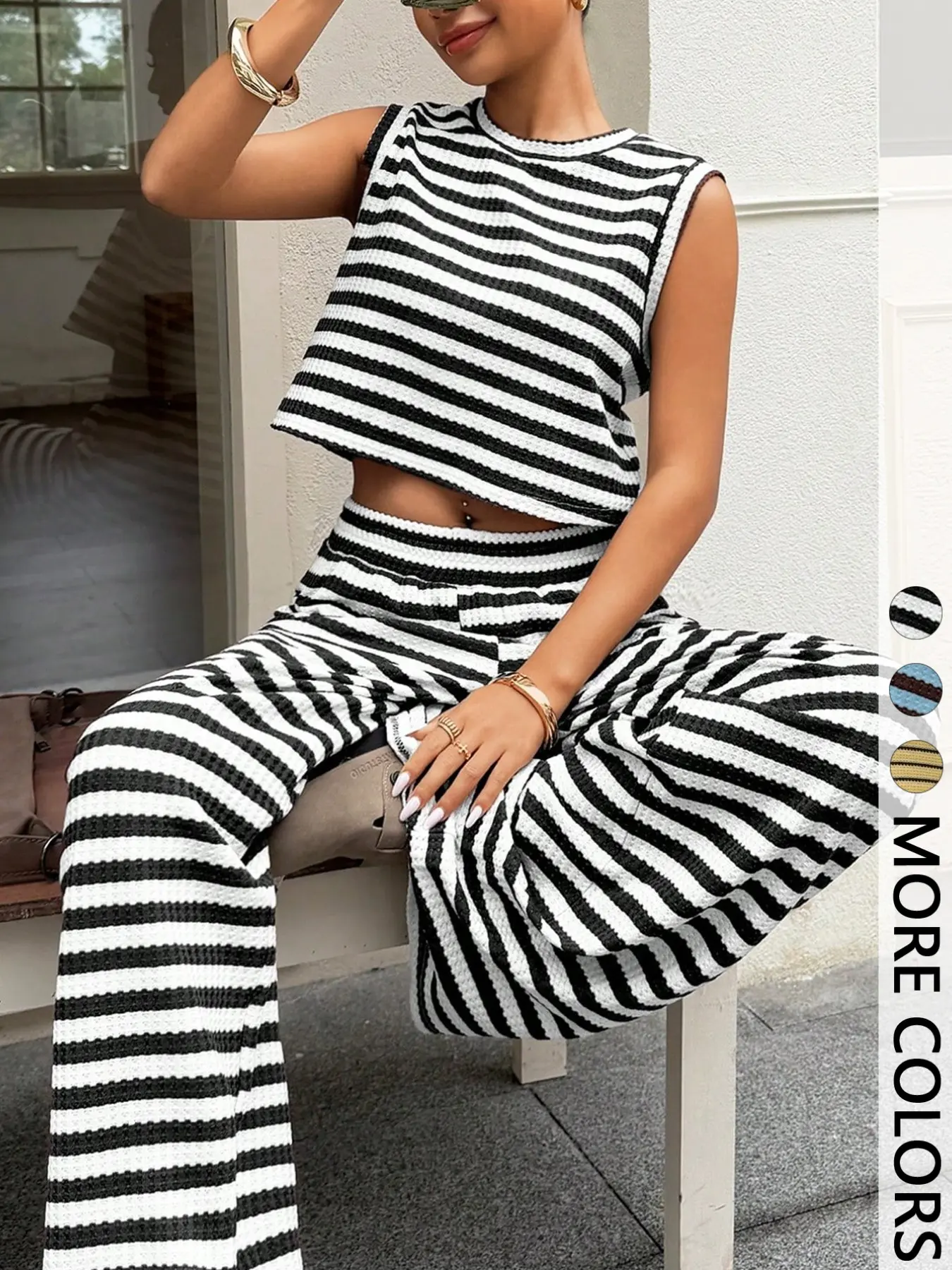 Summer Striped Two-Piece Set, Loose Round Neck Sleeveless Tank Top, Elastic Waist Casual Vacation, Comfortable Home Wear