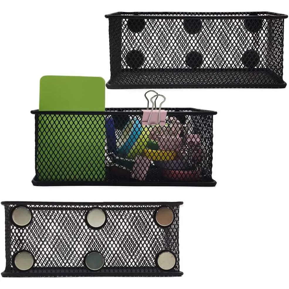 Magnetic Pencil Holder Set of 3 - Black Wire Mesh Storage Baskets Organizer with Strong Magnets - Perfect for Whiteboard, Refrigerator and Locker Accessories