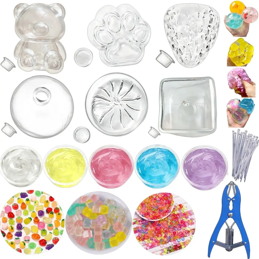 DIY Stress Ball Kit, Soft Squishy Making Set with 5 Cups of Slime, 3 Filler Packs, 6 Transparent Blank Skins, Filling Tool Included, Slime Mix-Ins for Kids & Adults