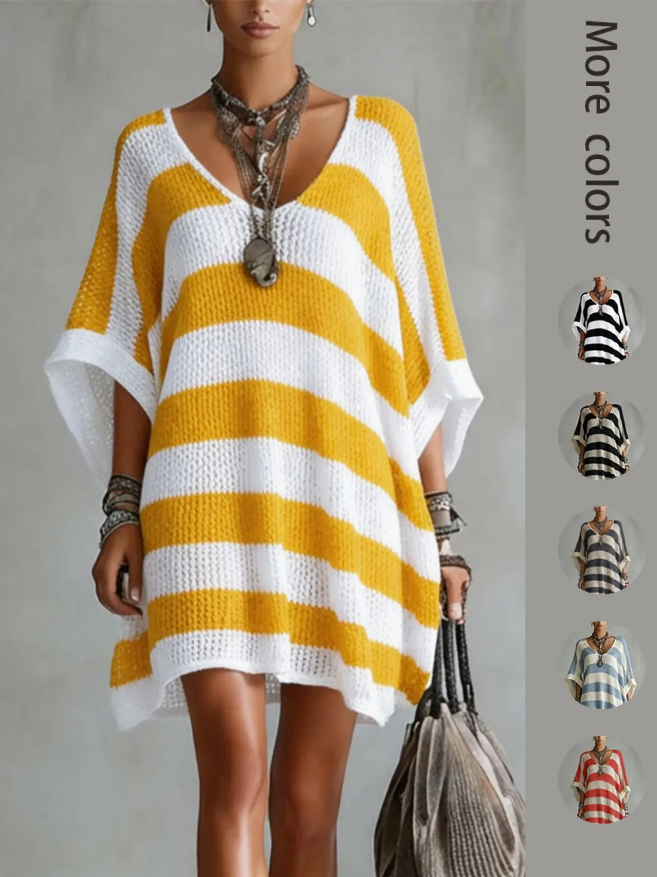 Knit Dress with Wide Stripes, Boho Style, Hollow Out Breathable V-Neck, Loose Fit, Beach Vacation Outerwear, Casual Summer Fashion