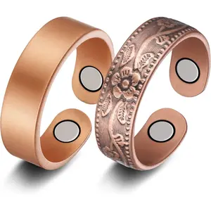 2PCS Copper Rings for Women Men,Magnetic Therapy Copper Ring, Adjustable Jewelry Gift with Box (Vintage Flower|Uncoated Sleek)