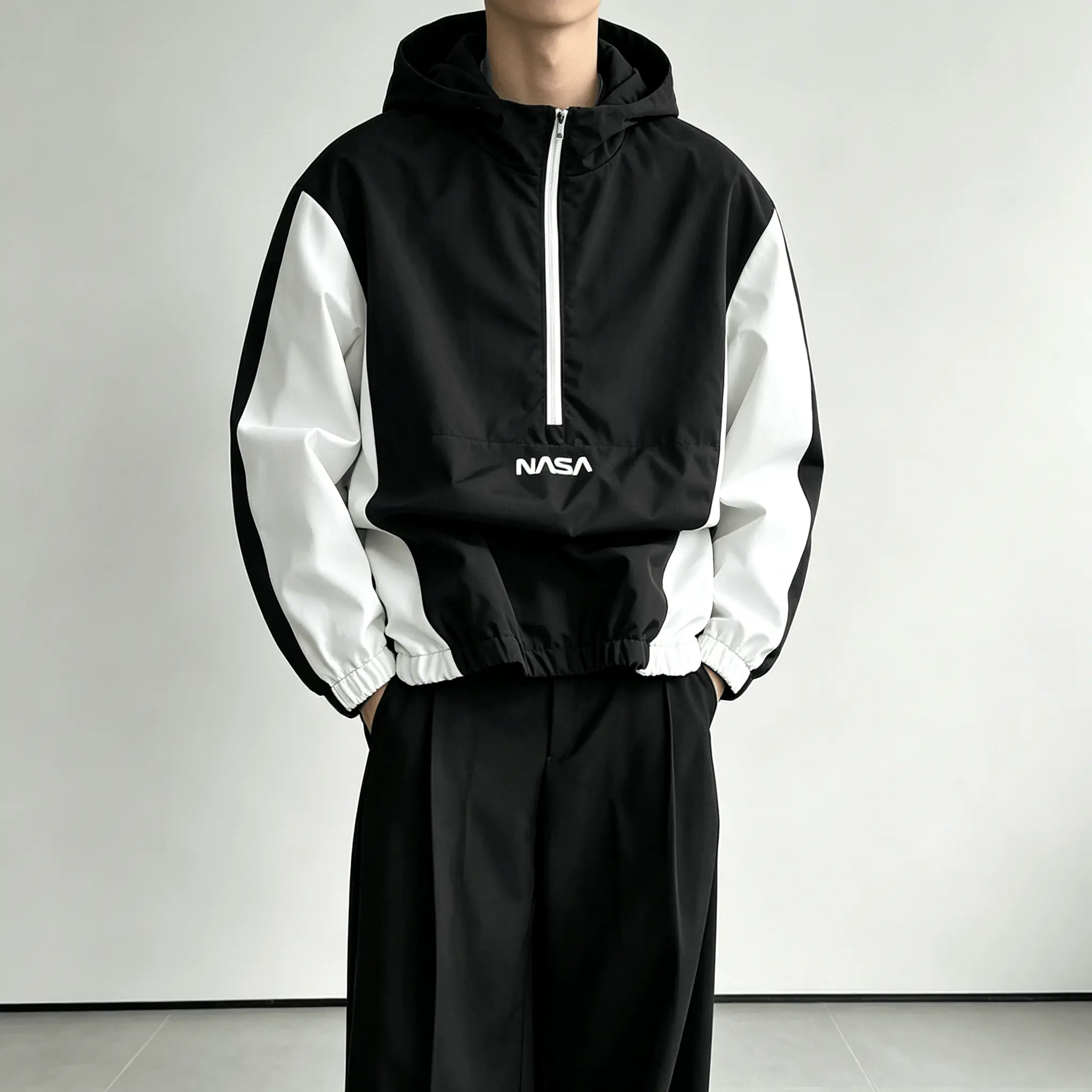 Men's Anorak Jacket - Lightweight, Water-Resistant Half-Zip Pullover Hoodie with Color Block, Hood, Reflective Stripe, Pocket, Breathable Soft Fabric, Classic Streetwear Windbreaker for Any Occasion, Coats, Hem