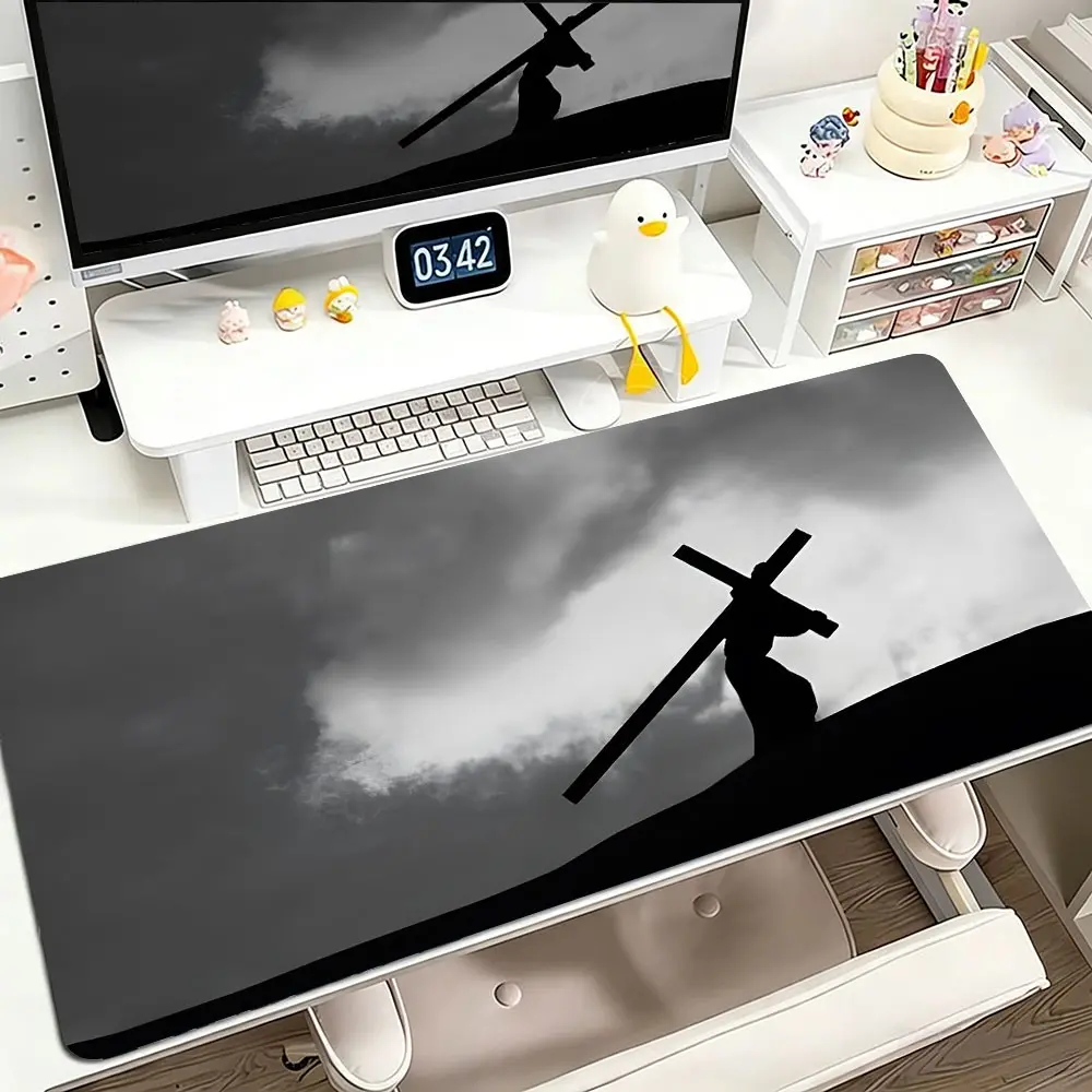 Minimalist Jesus Cross Large Extended Gaming Mouse Pad,Religious Aesthetic Rectangular Gaming Mouse Pad, Office Desk Keyboard Mat, Computer Desk Pad with Non-Slip Rubber Base & Stitched Edge for Home & Office,Gift for Believers Students Workers