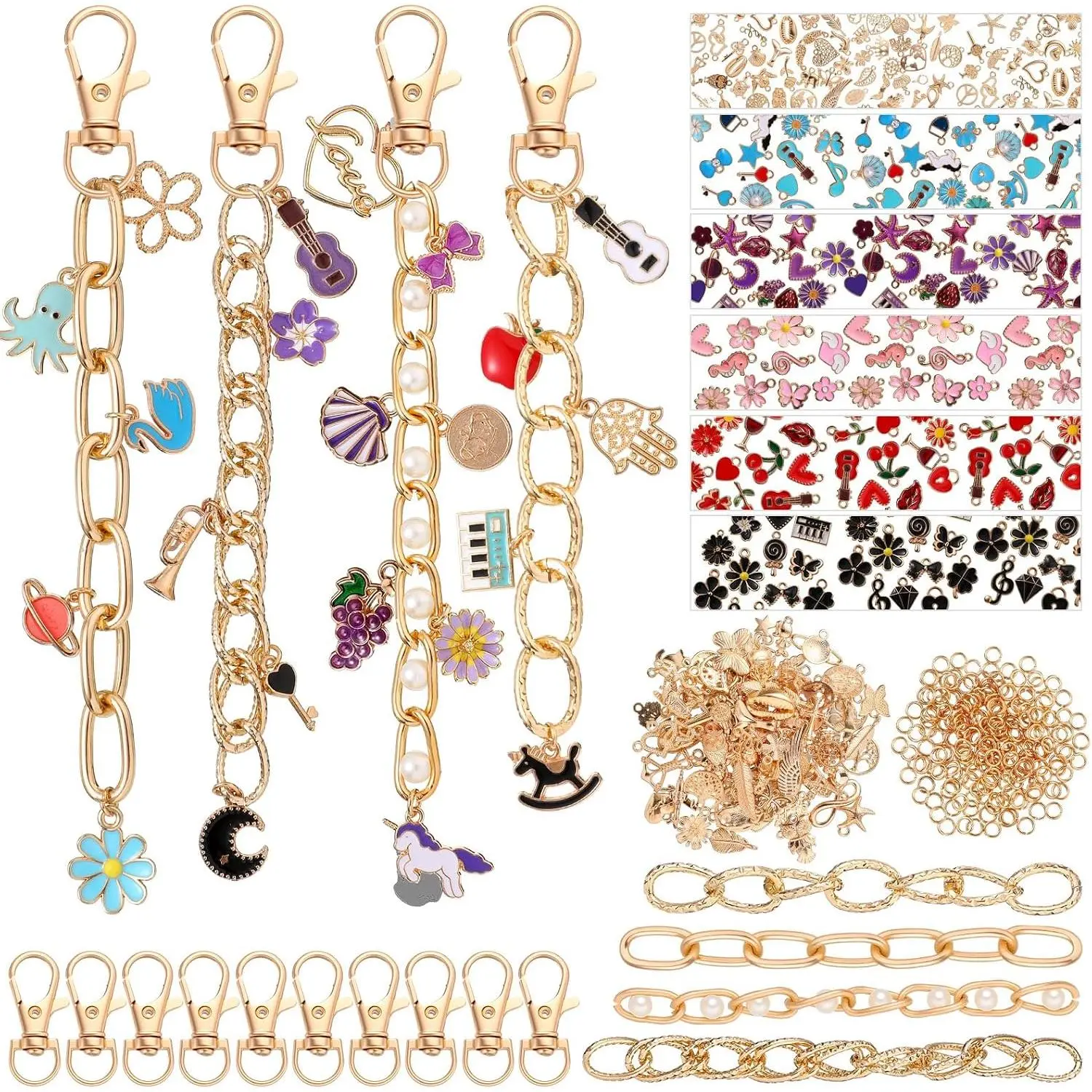 DIY Charm Making Kit, 440 Count Set with Multicolor Flower Pendants, Unisex Jewelry Supplies for Keychains and Daily Use, Open Rings