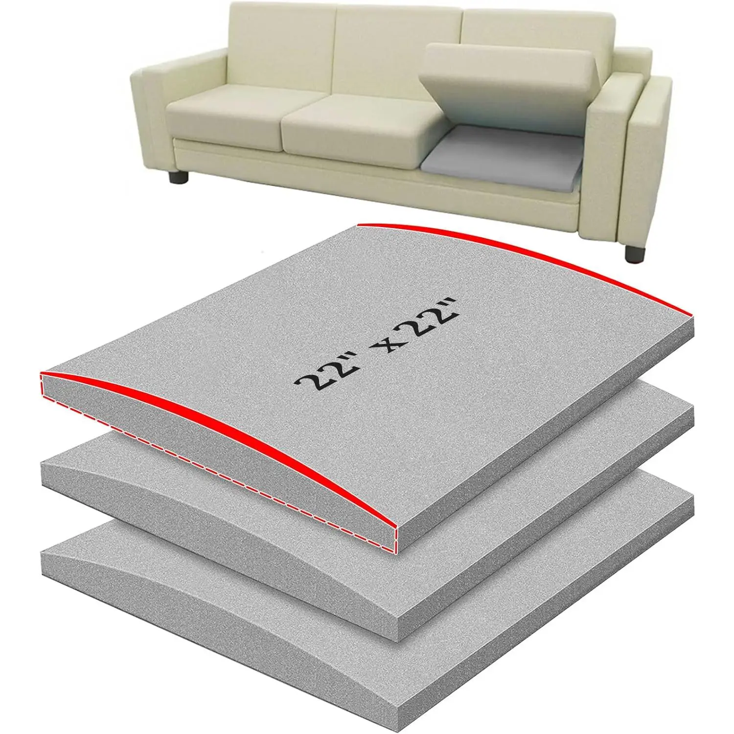 22" x 22" 3 PCS Large Size Couch Cushion Support for Sagging Seat, 45D High-Density Foam Insert for Sofa Sagging Repair, Grey