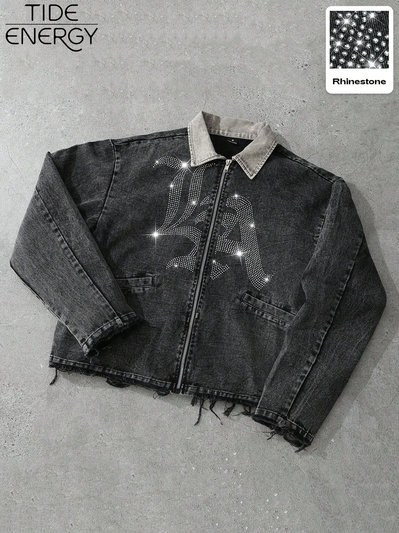 90s Dark Acid Wash Rhinestone Jean Jacket, Heavyweight Distressed Denim, Colorblock Lapel, Full Zip, Fringe Hem, Streetwear, Skateboarding, Fall Winter